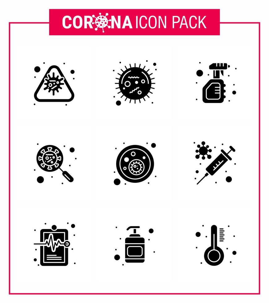 CORONAVIRUS 9 Solid Glyph Black Icon set on the theme of Corona epidemic contains icons such as glass scan virus epidemic virus spray viral coronavirus 2019nov disease Vector Design Elements