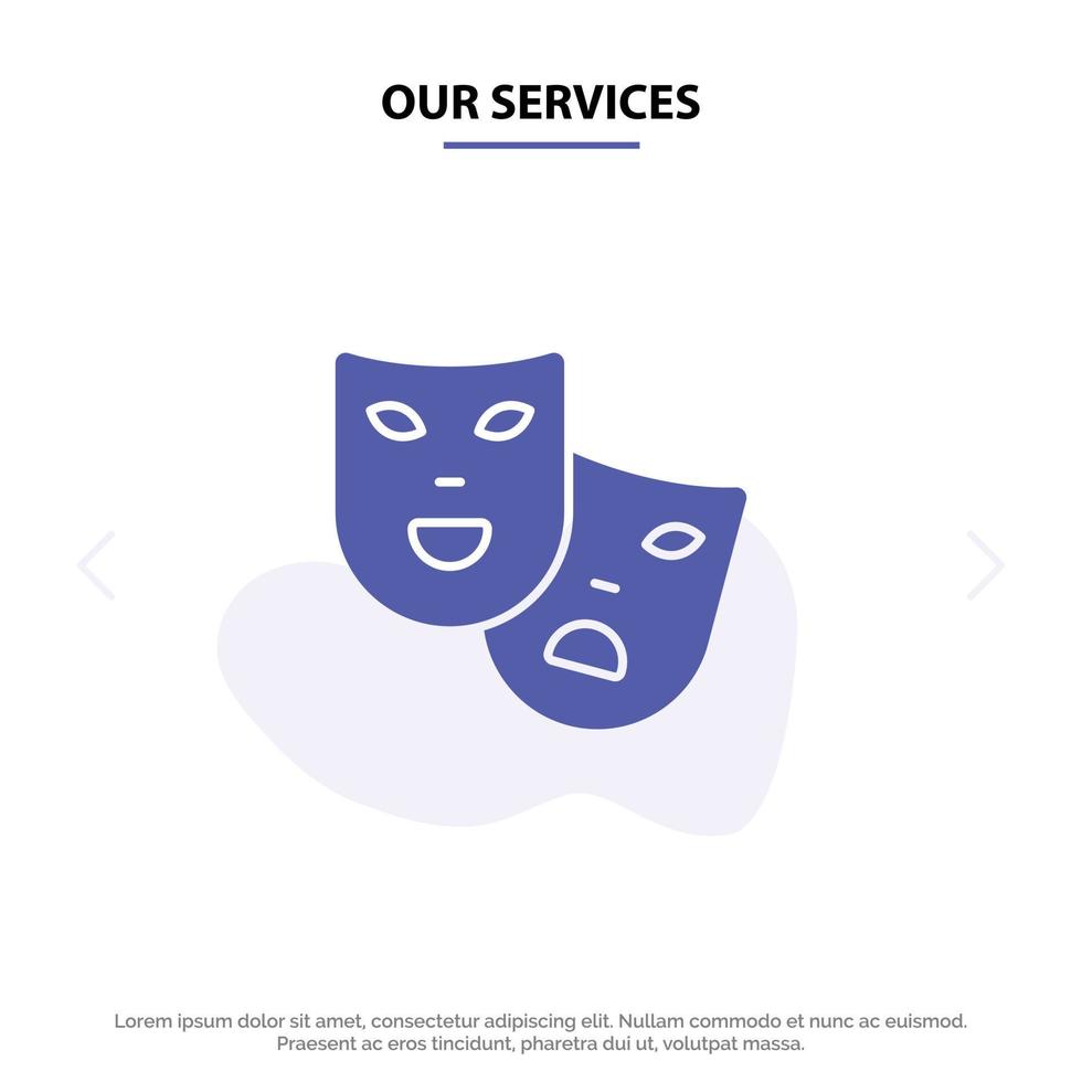 nuestros servicios máscaras roles teatro madrigal icono de glifo sólido plantilla de tarjeta web vector