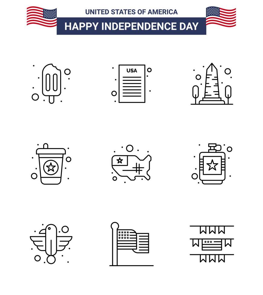 conjunto de 9 líneas vectoriales el 4 de julio, día de la independencia de estados unidos, como estados de estados unidos, mapa de vista, bebida, elementos de diseño de vectores editables del día de estados unidos