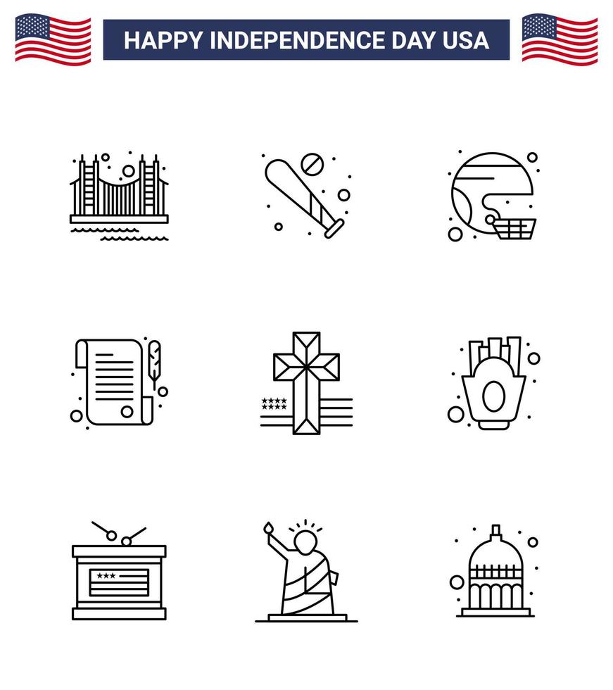 Modern Set of 9 Lines and symbols on USA Independence Day such as paper state bat sport football Editable USA Day Vector Design Elements