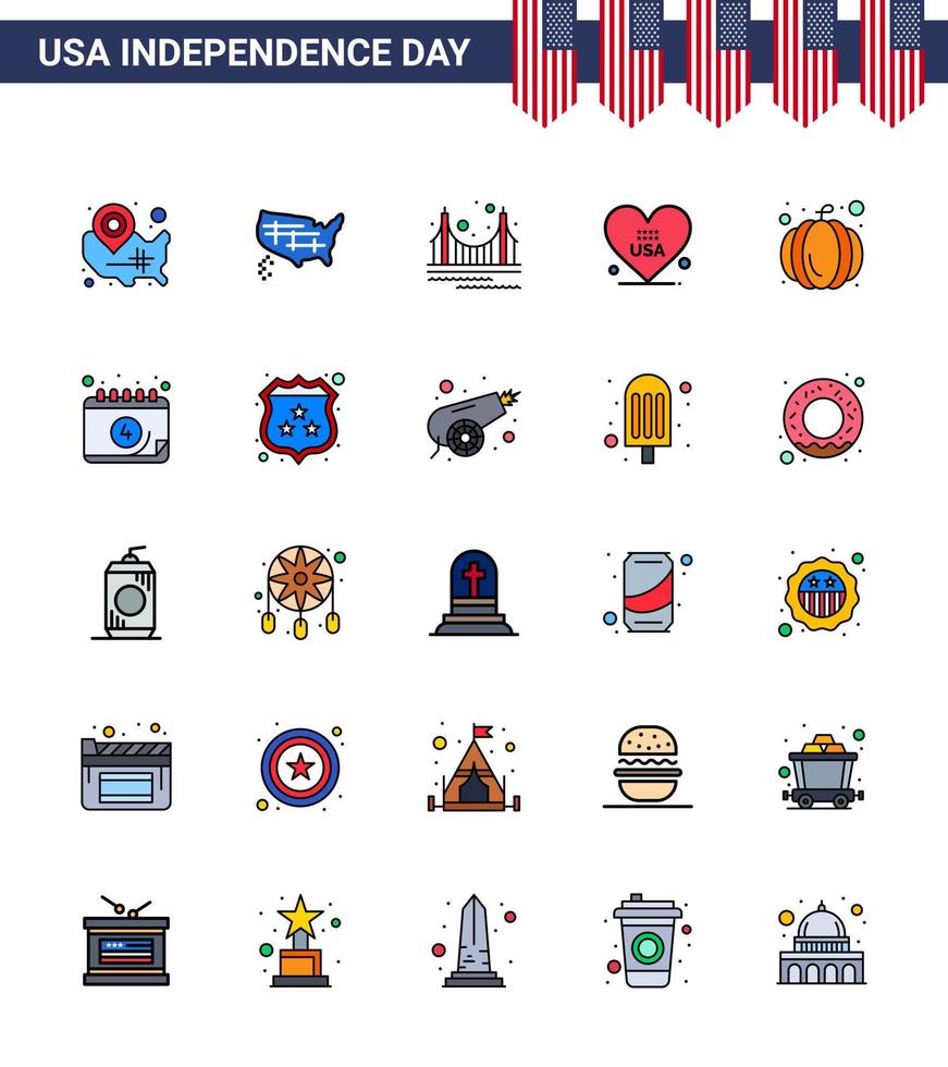 conjunto de 25 iconos del día de los ee.uu. símbolos americanos signos del día de la independencia para el amor de los ee.uu. hito del corazón de los ee.uu. vector