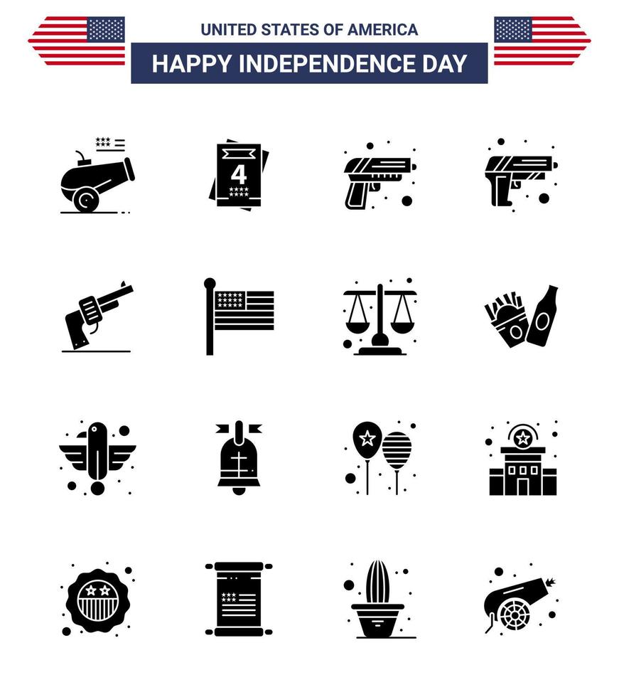 conjunto de 16 paquetes de glifos sólidos modernos en el día de la independencia de estados unidos bandera unida seguridad elementos de diseño vectorial del día de estados unidos editables a mano americana vector