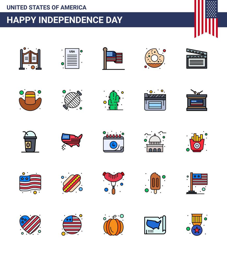 Set of 25 Vector Flat Filled Lines on 4th July USA Independence Day such as video american flag food round Editable USA Day Vector Design Elements