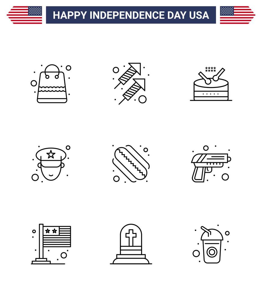 USA Happy Independence DayPictogram Set of 9 Simple Lines of states american drum police man Editable USA Day Vector Design Elements