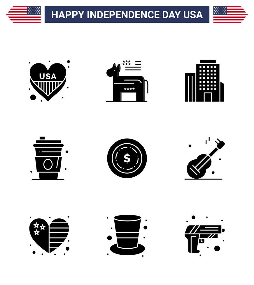 Pack of 9 creative USA Independence Day related Solid Glyphs of maony american building usa drink Editable USA Day Vector Design Elements