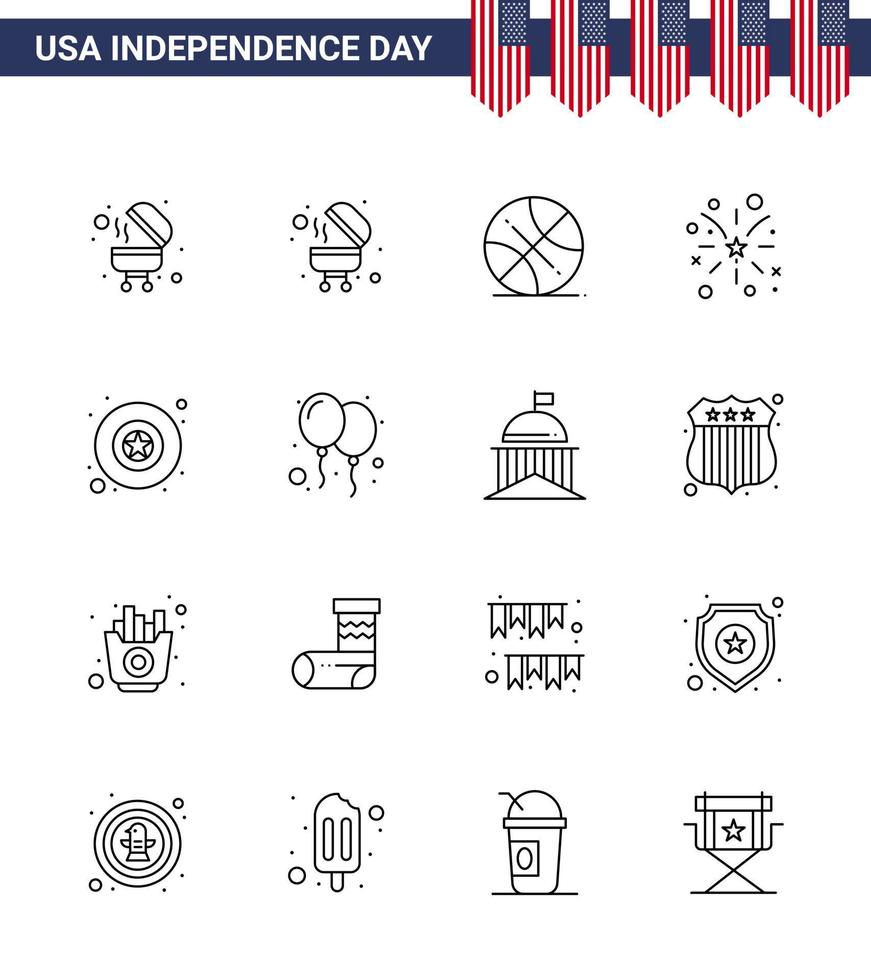 16 USA Line Pack of Independence Day Signs and Symbols of party celebrate fire balloons military Editable USA Day Vector Design Elements
