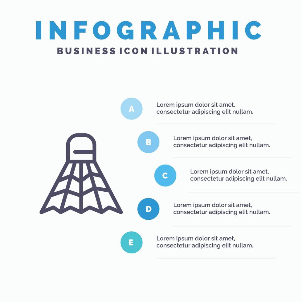 icono de línea de juego deportivo de volante de bádminton con fondo de infografía de presentación de 5 pasos vector