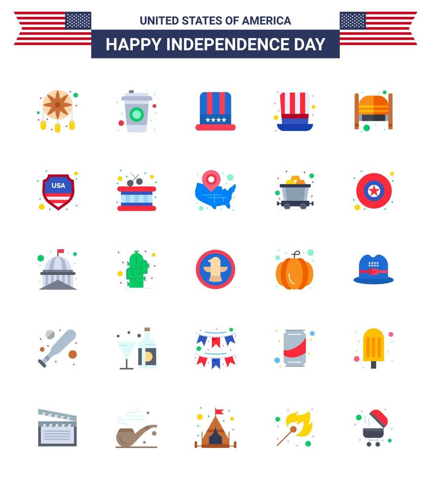 Set of 25 USA Day Icons American Symbols Independence Day Signs for saloon bar cap usa hat Editable USA Day Vector Design Elements