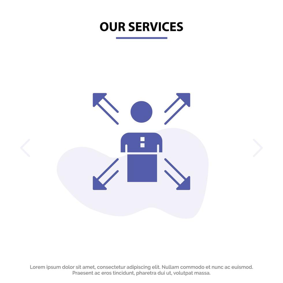 nuestros servicios flechas carrera dirección empleado humano persona formas sólido glifo icono plantilla de tarjeta web vector