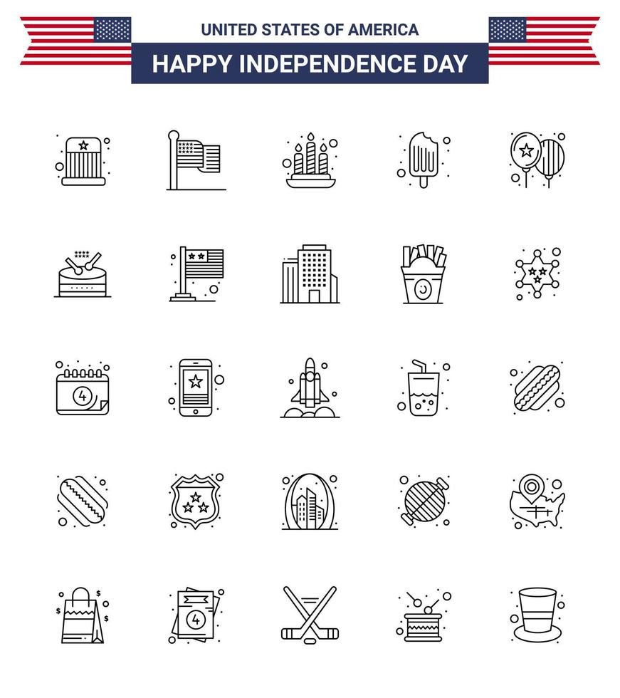 feliz día de la independencia paquete de iconos de 25 líneas para web e imprimir globos de día helado de vela elementos de diseño de vector de día de estados unidos editables