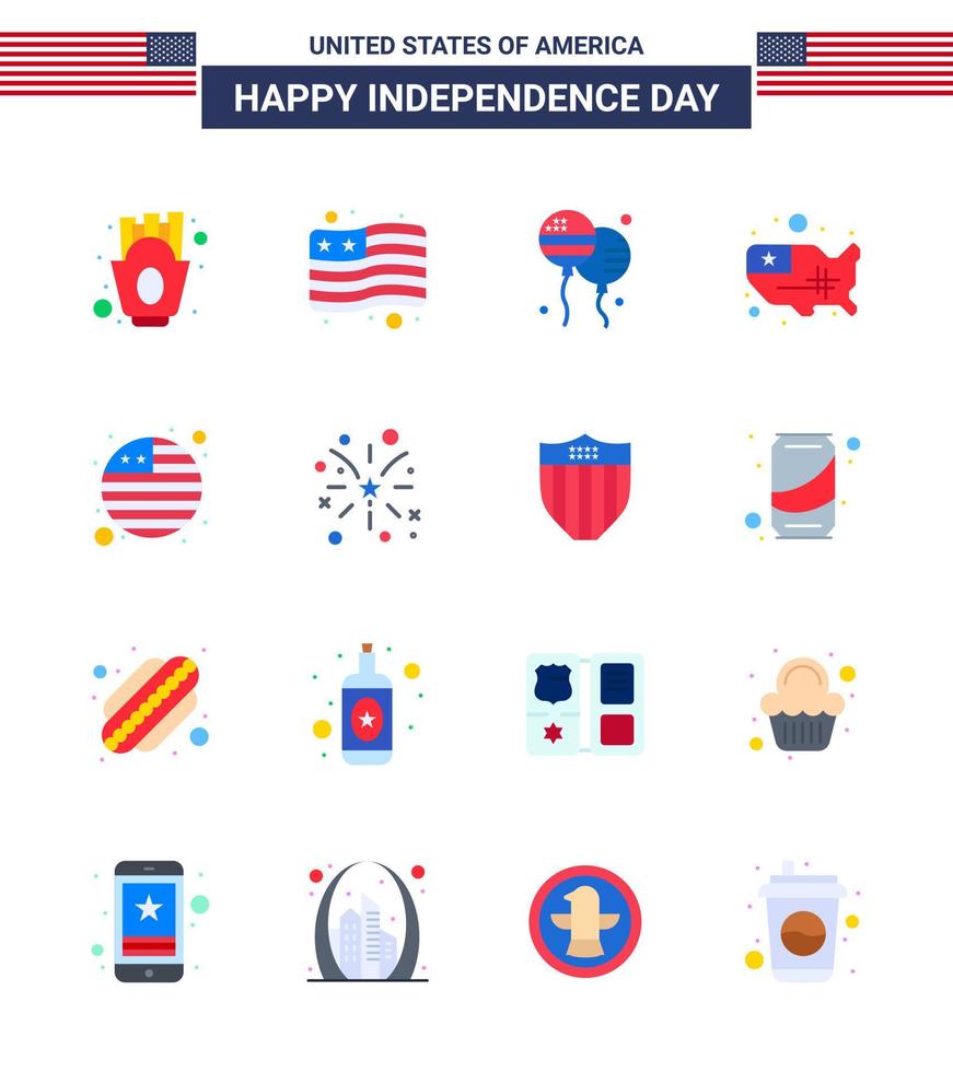 Pack of 16 USA Independence Day Celebration Flats Signs and 4th July Symbols such as international flag country bloons usa states Editable USA Day Vector Design Elements