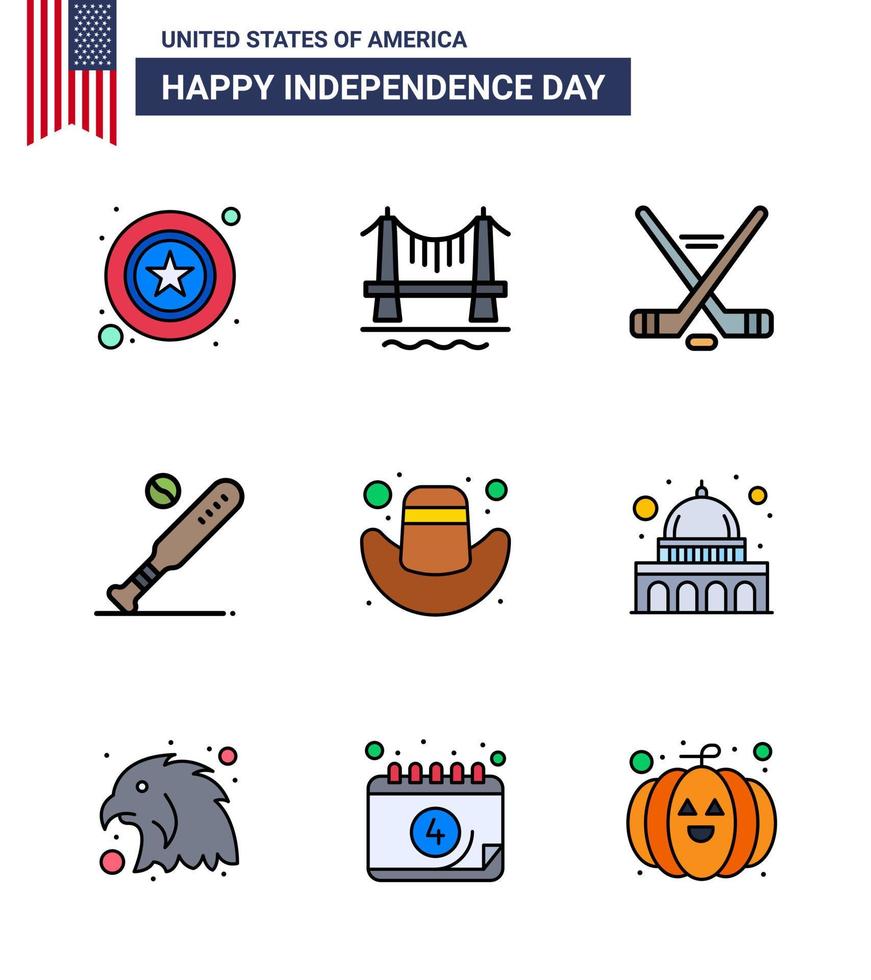 9 Creative USA Icons Modern Independence Signs and 4th July Symbols of american sports hokey bat ball Editable USA Day Vector Design Elements