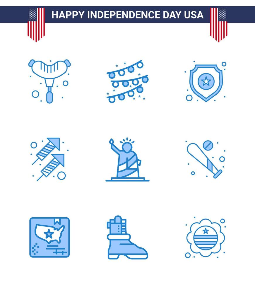 Happy Independence Day USA Pack of 9 Creative Blues of statue liberty star landmarks firework Editable USA Day Vector Design Elements