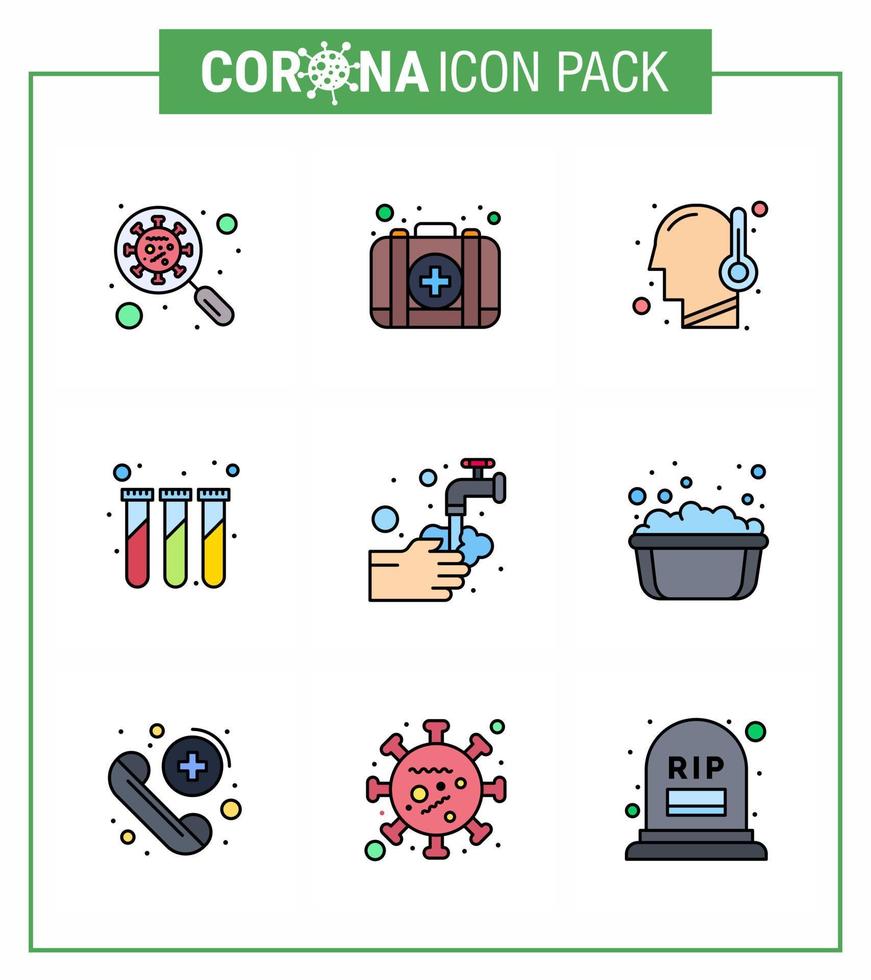 corona virus 2019 y 2020 epidemia 9 línea llena paquete de iconos de color plano como tubos de ensayo laboratorio experimento médico fiebre coronavirus viral 2019nov enfermedad vector elementos de diseño