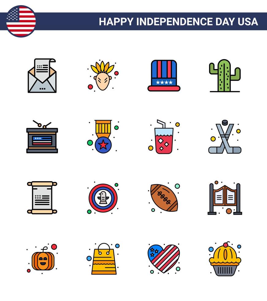 Group of 16 Flat Filled Lines Set for Independence day of United States of America such as holiday american hat plent cactus Editable USA Day Vector Design Elements