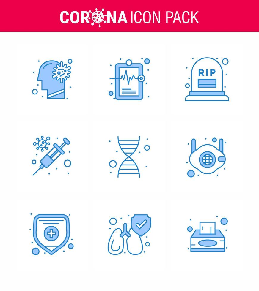 9 Blue Set of corona virus epidemic icons such as dna vaccine medical record protection rip viral coronavirus 2019nov disease Vector Design Elements