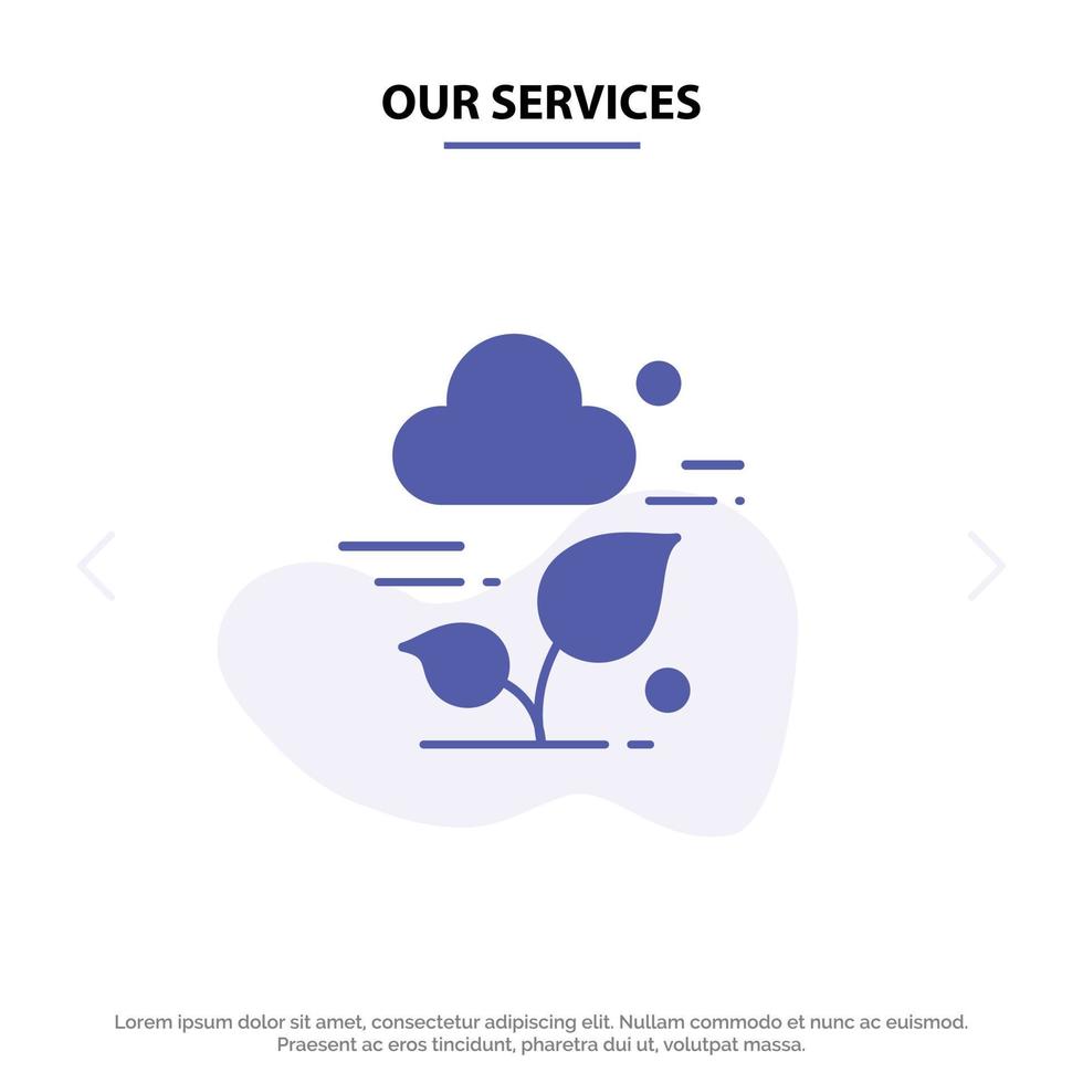 nuestros servicios planta nube tecnología de hoja icono de glifo sólido plantilla de tarjeta web vector