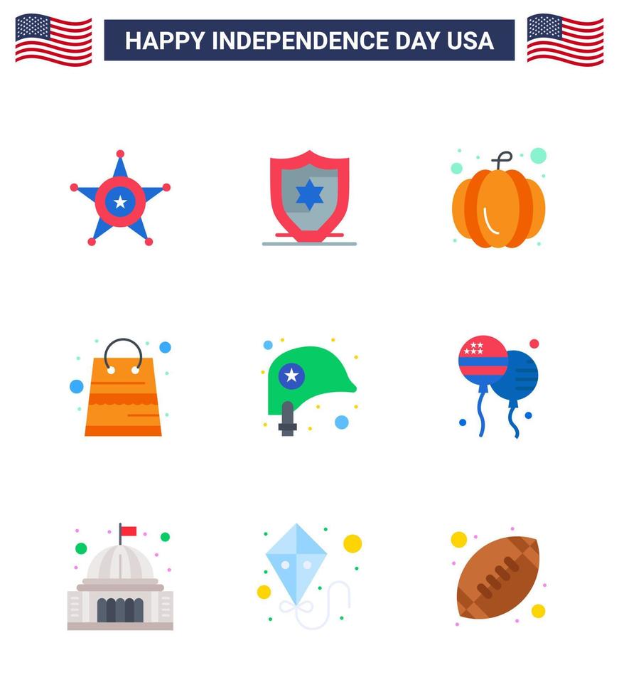 4th July USA Happy Independence Day Icon Symbols Group of 9 Modern Flats of star helmet pumpkin head packages Editable USA Day Vector Design Elements