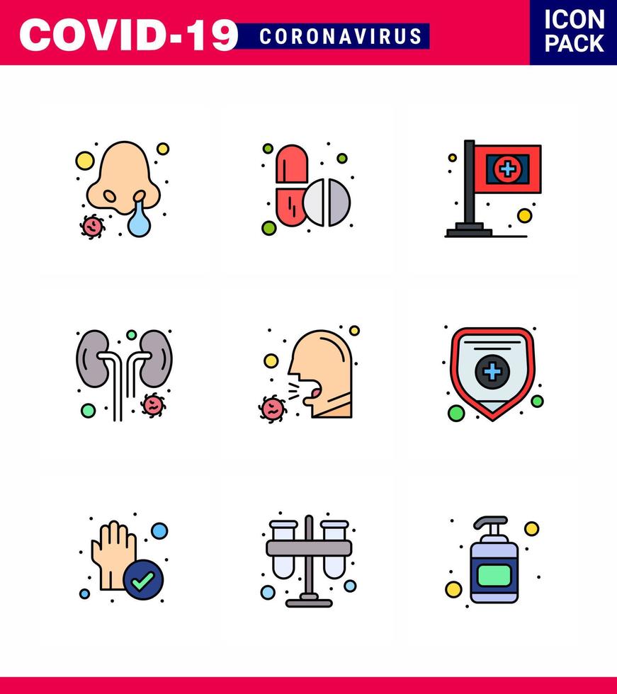 covid19 protección coronavirus pendamic 9 línea llena conjunto de iconos de color plano como asistencia sanitaria para la tos riñón infectado coronavirus viral 2019nov enfermedad vector elementos de diseño