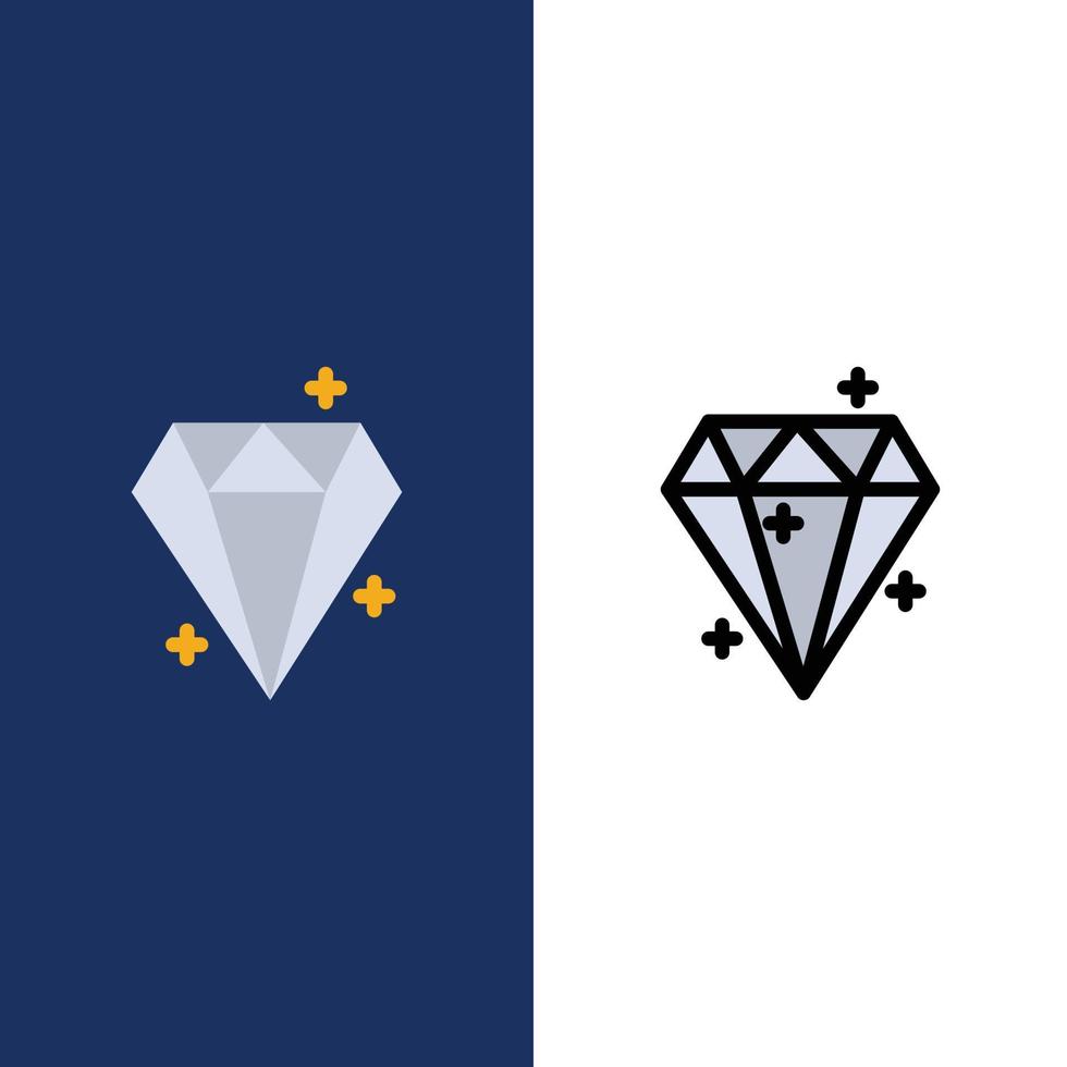 iconos de premio de éxito de cristal de diamante plano y conjunto de iconos llenos de línea vector fondo azul