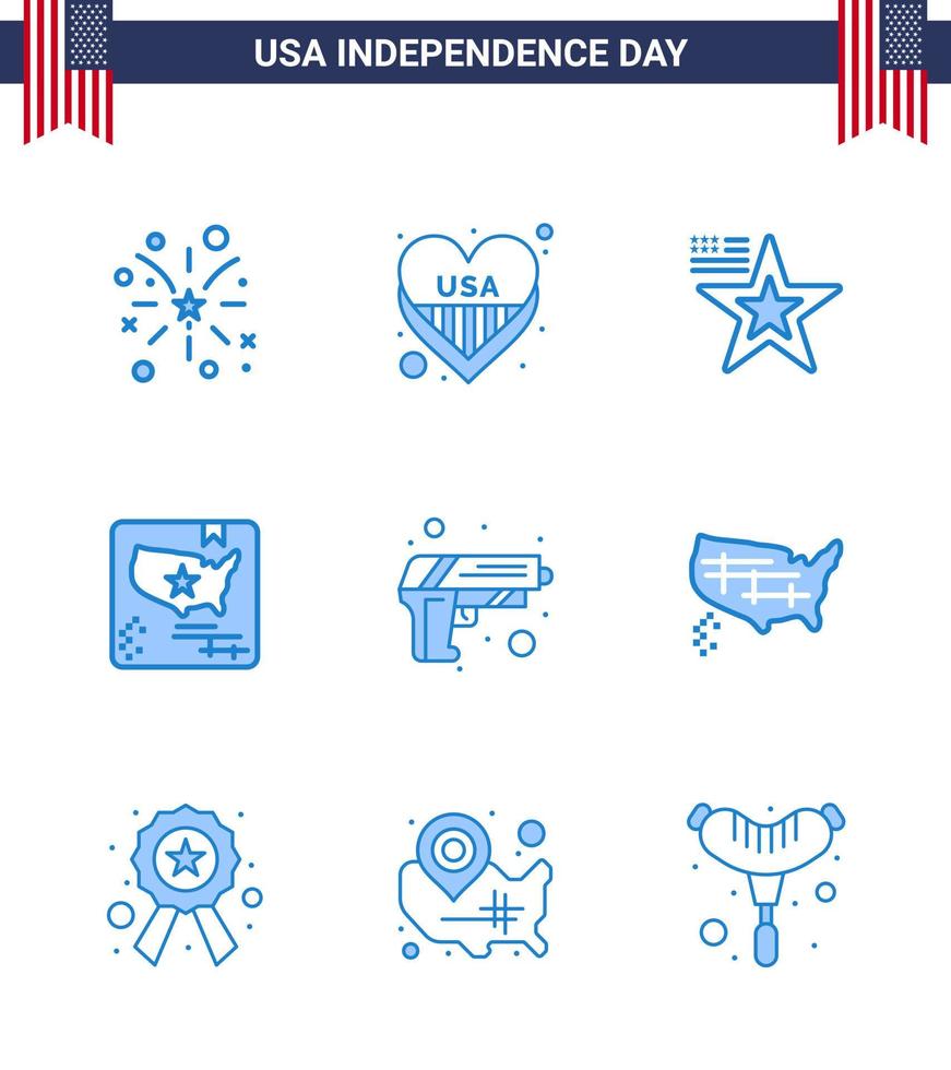 9 iconos creativos de estados unidos signos de independencia modernos y símbolos del 4 de julio de seguridad mapa estelar mundial elementos de diseño vectorial del día de estados unidos editables estadounidenses vector