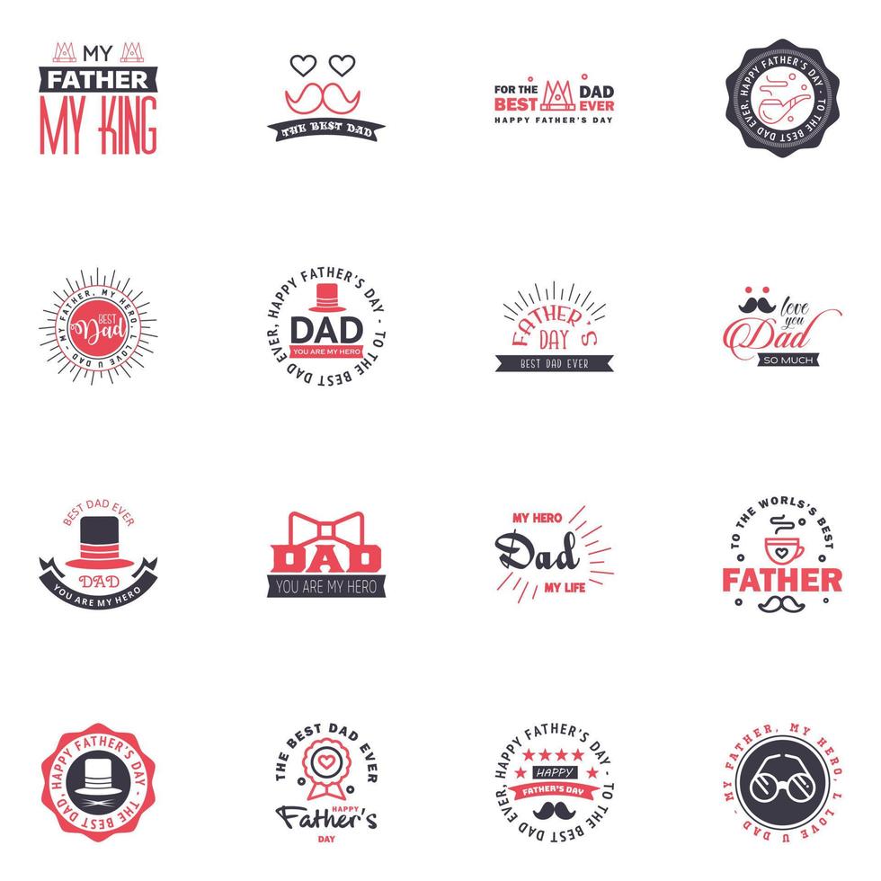 Fathers Day Lettering 16 Black and Pink Calligraphic Emblems Badges Set Isolated on Dark Blue Happy Fathers Day Best Dad Love You Dad Inscription Vector Design Elements For Greeting Card and Oth