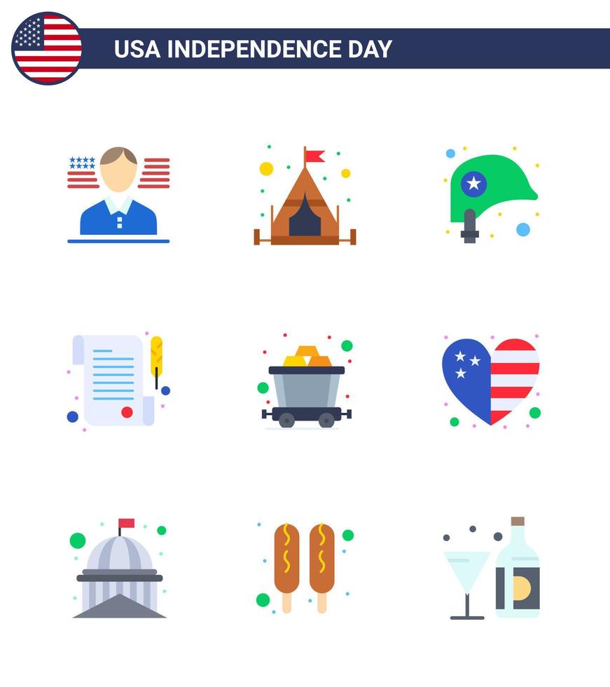 conjunto moderno de 9 pisos y símbolos en el día de la independencia de estados unidos, como la protección ferroviaria del país, el día de la mina, los elementos de diseño vectorial editables del día de estados unidos vector