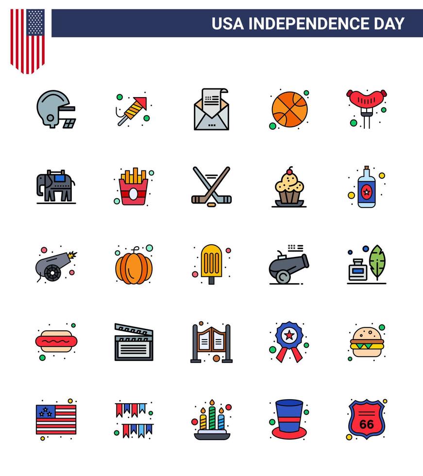 25 USA Flat Filled Line Pack of Independence Day Signs and Symbols of frankfurter day envelope sports basketball Editable USA Day Vector Design Elements
