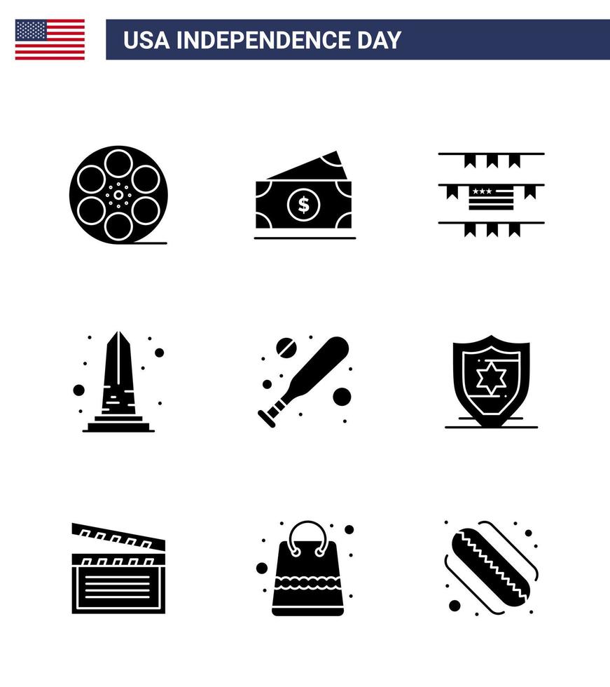 9 iconos creativos de estados unidos signos de independencia modernos y símbolos del 4 de julio de empavesados de bat washington monumento de estados unidos elementos de diseño de vector de día de estados unidos editables