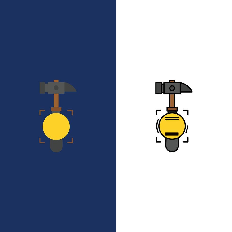 iconos de herramientas de rotura de martillo plano y conjunto de iconos rellenos de línea fondo azul vectorial vector