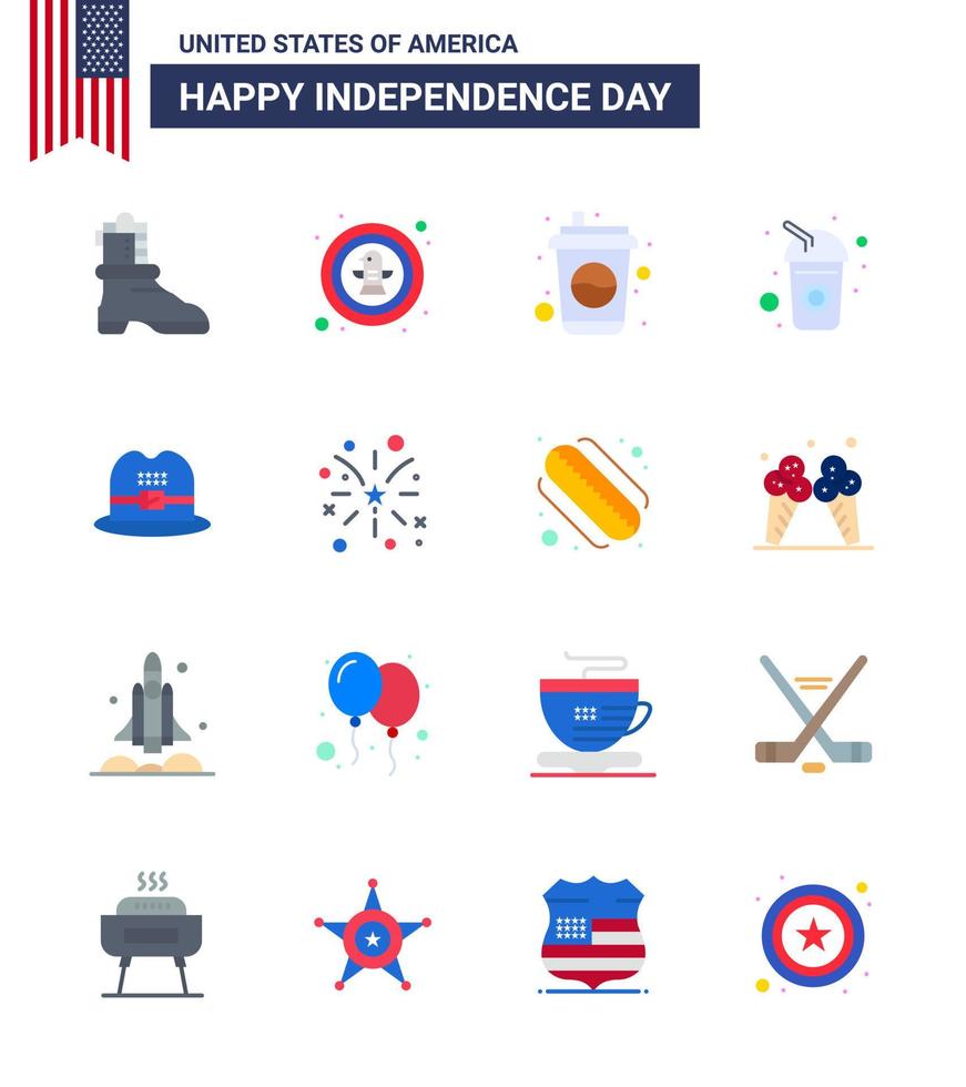 feliz día de la independencia 4 de julio conjunto de 16 pisos pictograma americano de botella de fuegos artificiales americanos sombrero americano elementos de diseño vectorial editables del día de estados unidos vector