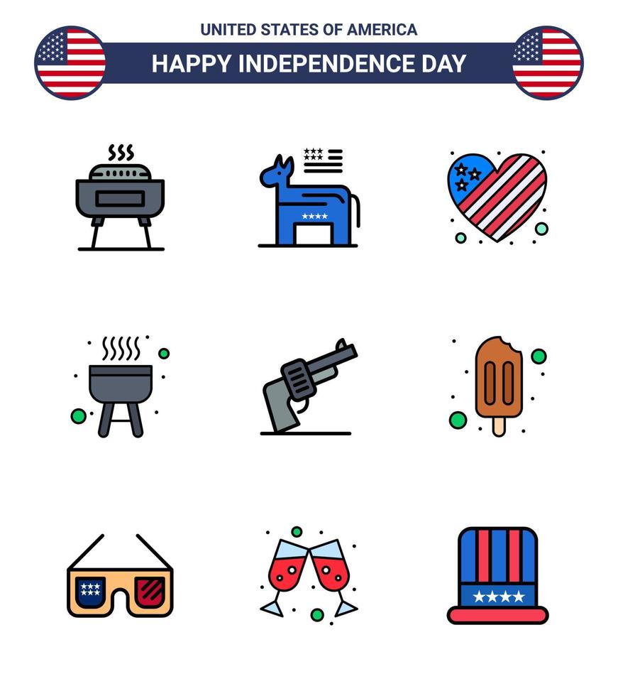 Pack of 9 USA Independence Day Celebration Flat Filled Lines Signs and 4th July Symbols such as weapon gun american cook barbecue Editable USA Day Vector Design Elements