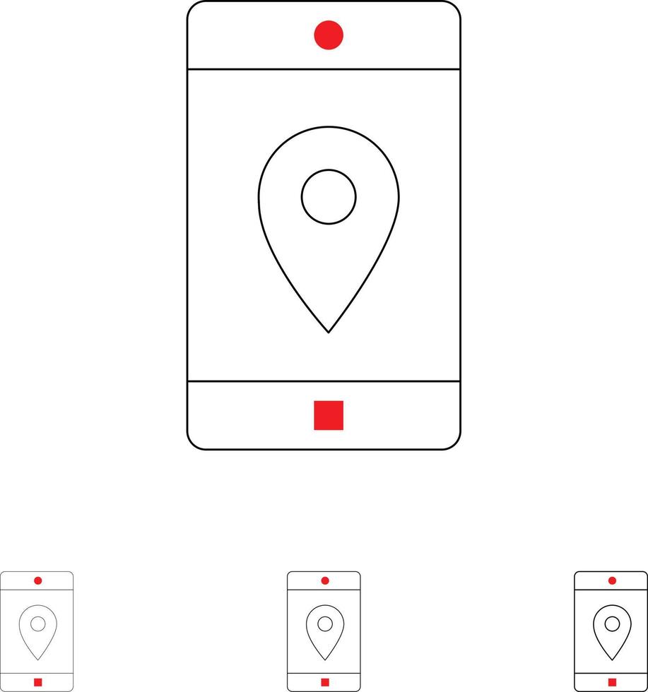 aplicación móvil aplicación móvil mapa de ubicación negrita y delgada línea negra conjunto de iconos vector