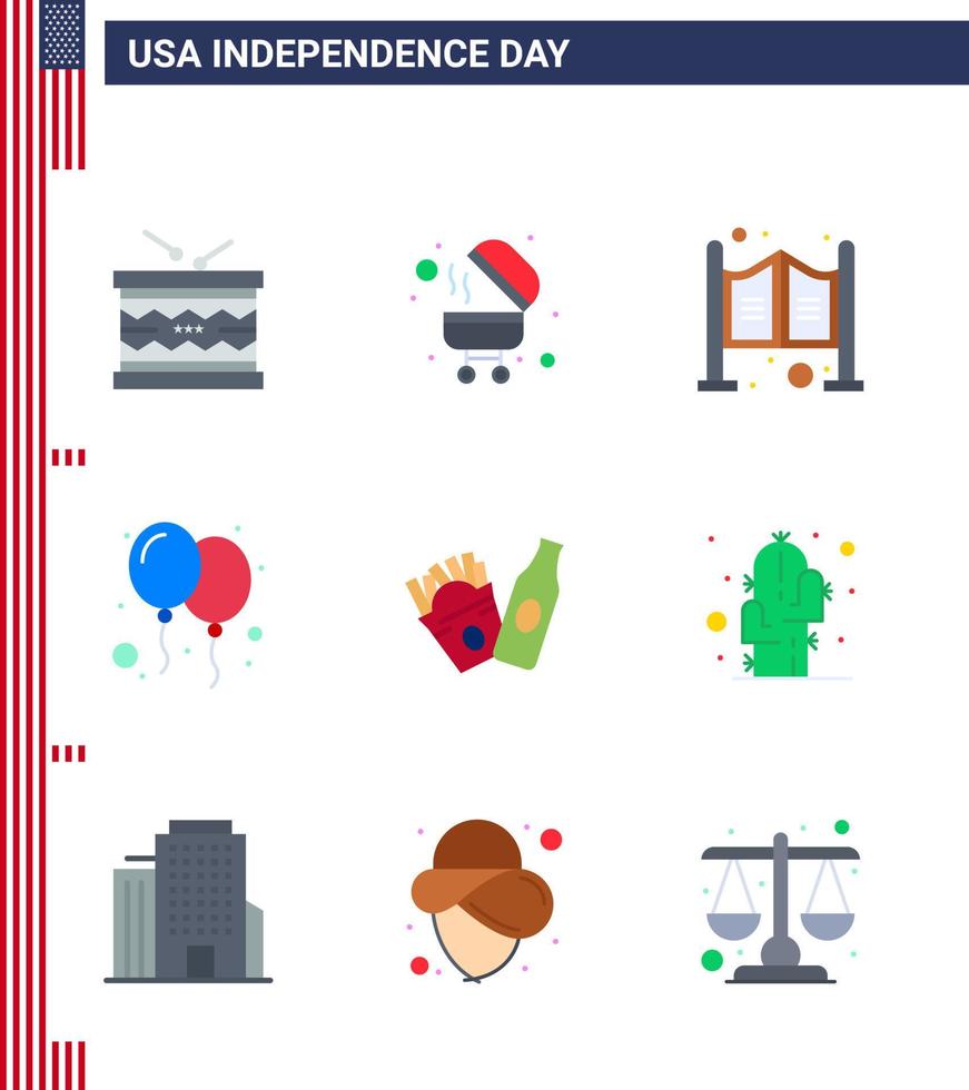 9 USA Flat Signs Independence Day Celebration Symbols of frise party door day balloons Editable USA Day Vector Design Elements