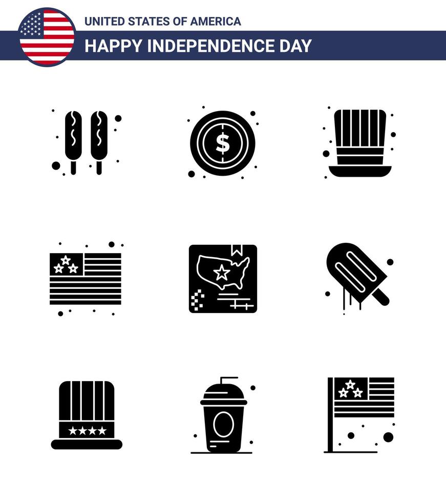 4th July USA Happy Independence Day Icon Symbols Group of 9 Modern Solid Glyphs of world flag hat american flag Editable USA Day Vector Design Elements