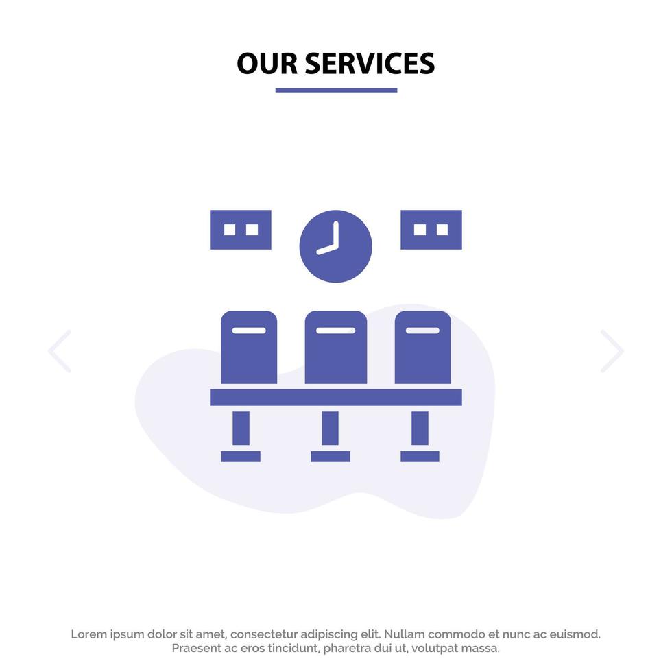 Our Services Seats Train Transportation Clock Solid Glyph Icon Web card Template vector