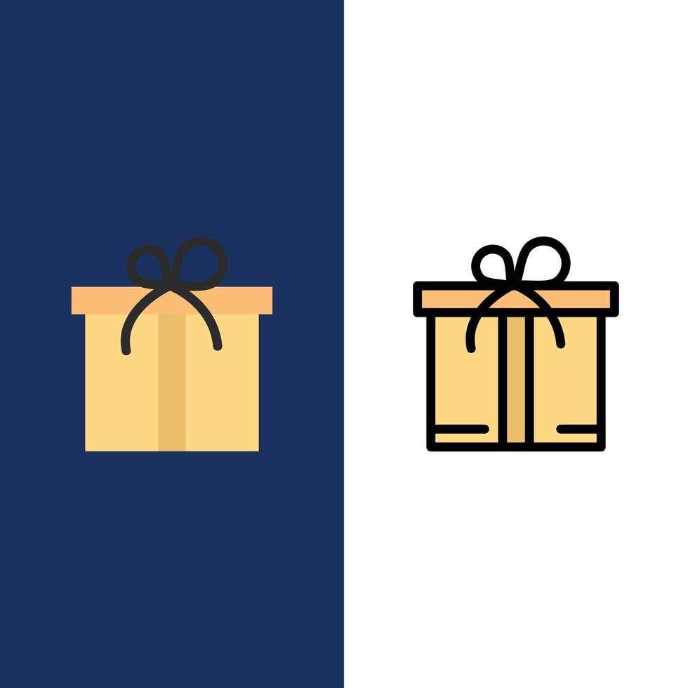 iconos de motivación de caja de regalo plano y conjunto de iconos llenos de línea vector fondo azul