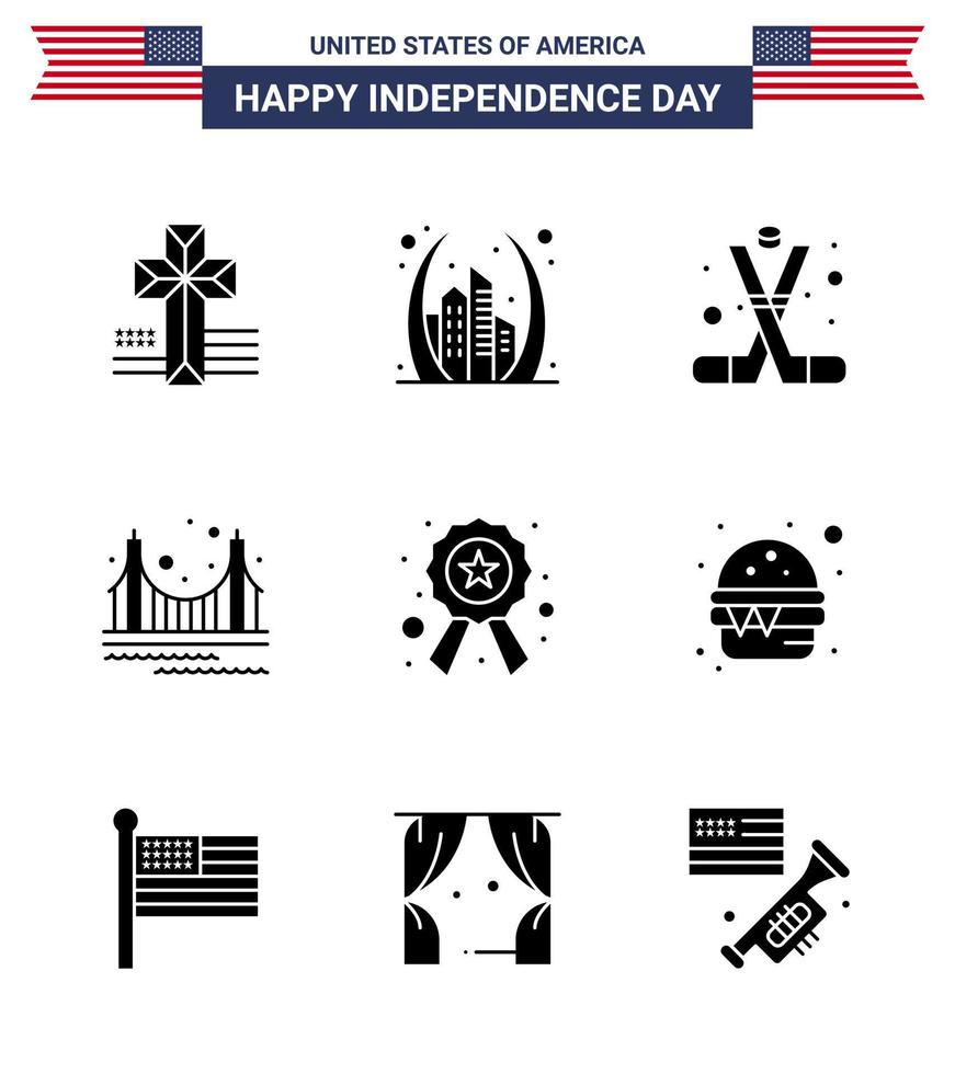 9 signos de glifo sólido de estados unidos celebración del día de la independencia símbolos de turismo puerta de hockey dorada américa elementos de diseño de vector de día de estados unidos editables