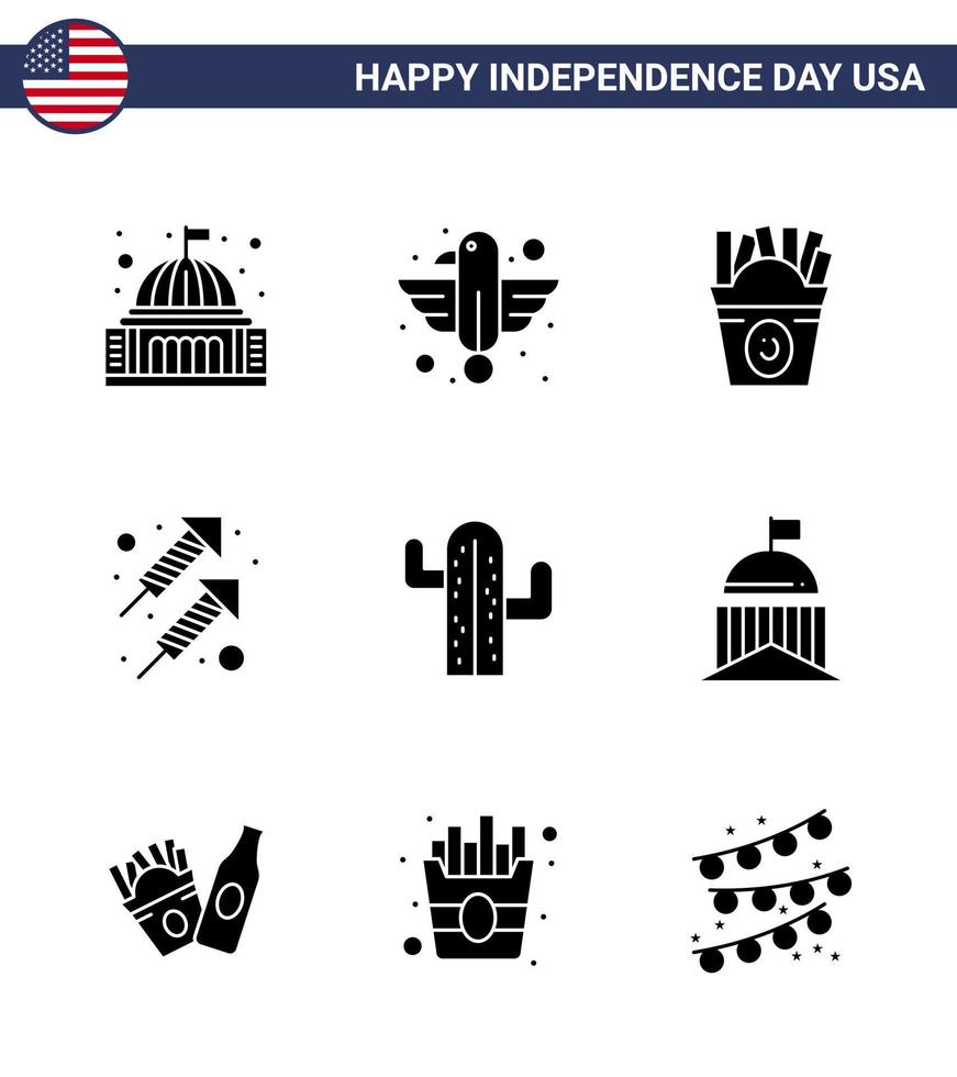 Editable Vector Line Pack of USA Day 9 Simple Solid Glyphs of shoot fire eagle celebration food Editable USA Day Vector Design Elements