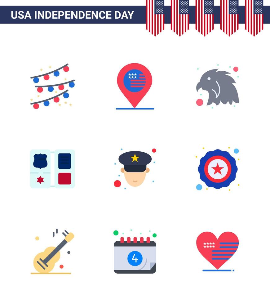 9 iconos creativos de estados unidos signos de independencia modernos y símbolos del 4 de julio del oficial de policía pájaro hombre elementos de diseño de vector de día de estados unidos editables estadounidenses