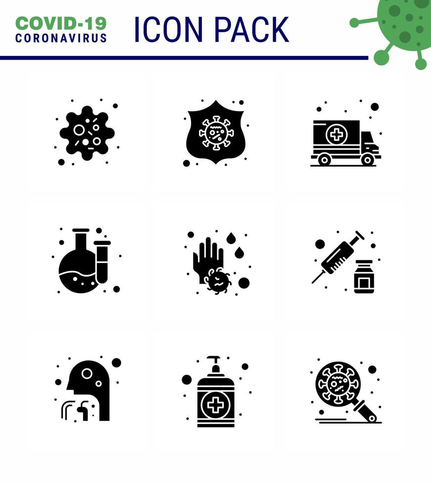 Covid19 icon set for infographic 9 Solid Glyph Black pack such as wash hand ambulance laboratory chemical viral coronavirus 2019nov disease Vector Design Elements