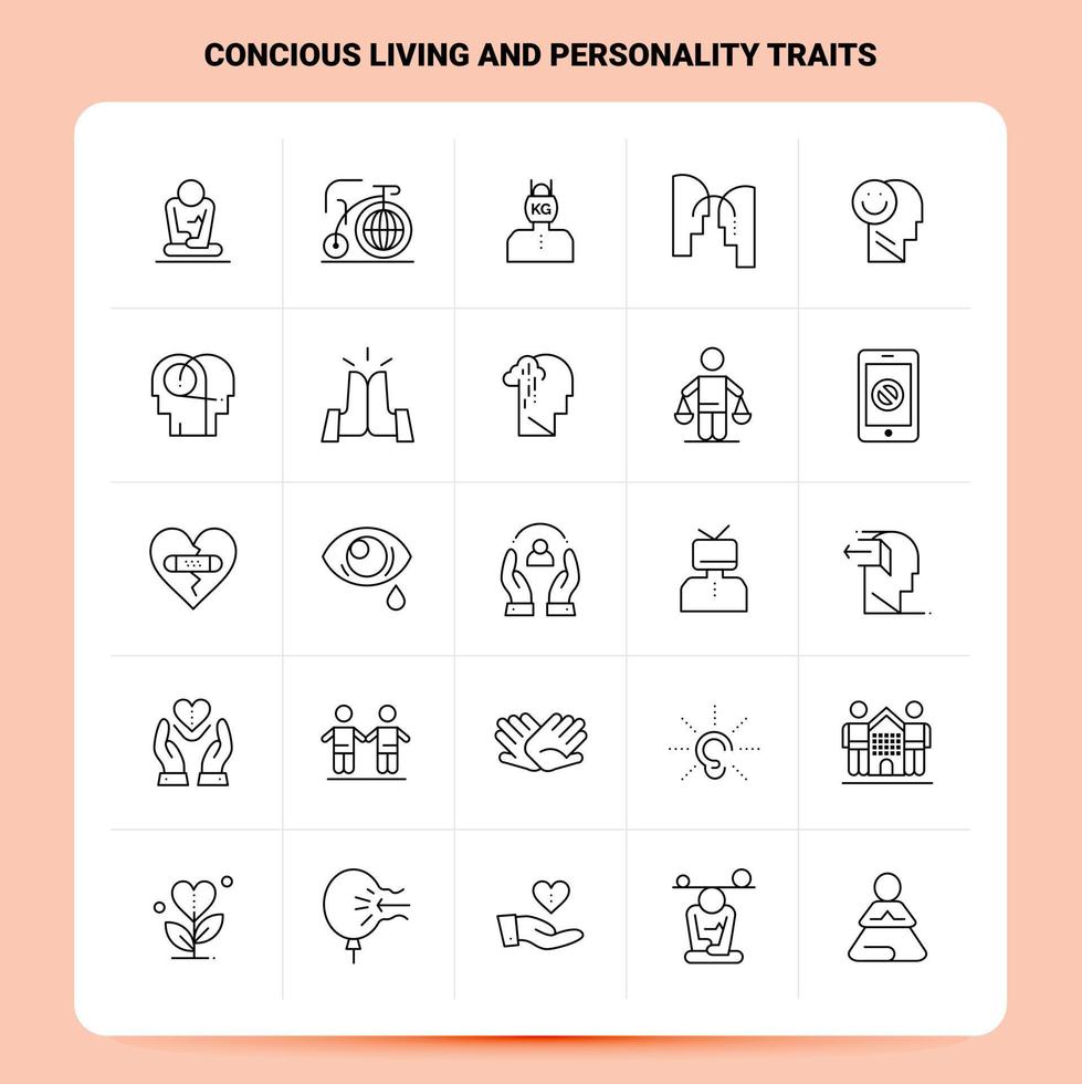 OutLine 25 Concious Living And Personality Traits Icon set Vector Line Style Design Black Icons Set Linear pictogram pack Web and Mobile Business ideas design Vector Illustration