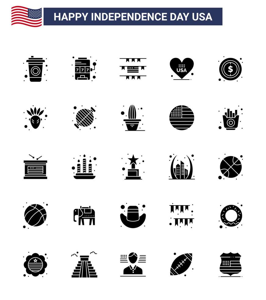 conjunto de 25 iconos del día de los ee.uu. símbolos americanos signos del día de la independencia para la decoración de la fiesta de dinero de la muestra elementos de diseño del vector del día de los ee.uu.