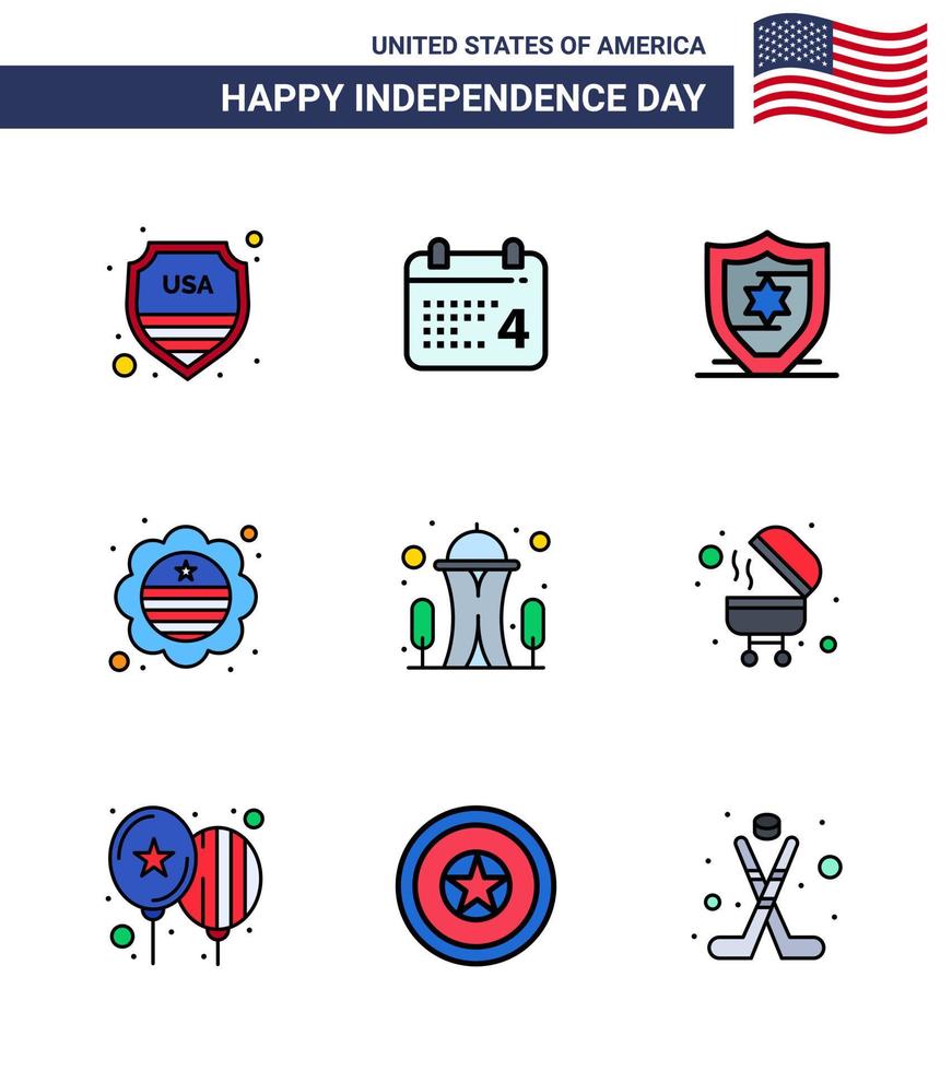 Happy Independence Day USA Pack of 9 Creative Flat Filled Lines of needle building american badge flag Editable USA Day Vector Design Elements