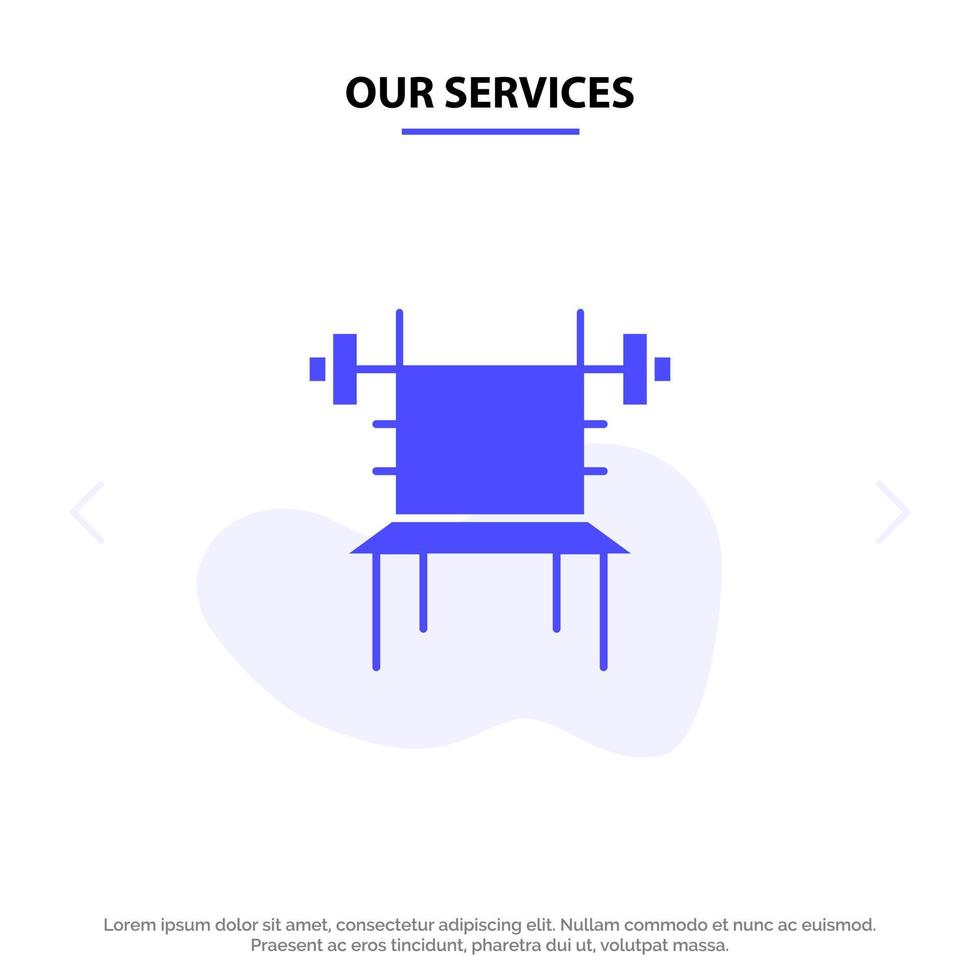 nuestros servicios equilibrar mancuernas fitness gimnasio máquina icono de glifo sólido plantilla de tarjeta web vector