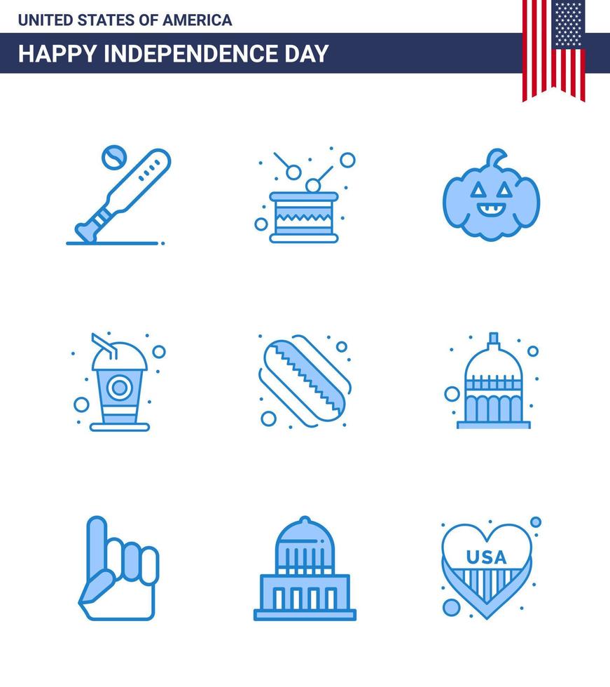 paquete de 9 creativos estados unidos día de la independencia relacionados con el blues de la bebida americana independencia cola estados unidos elementos de diseño vectorial editables del día de estados unidos vector