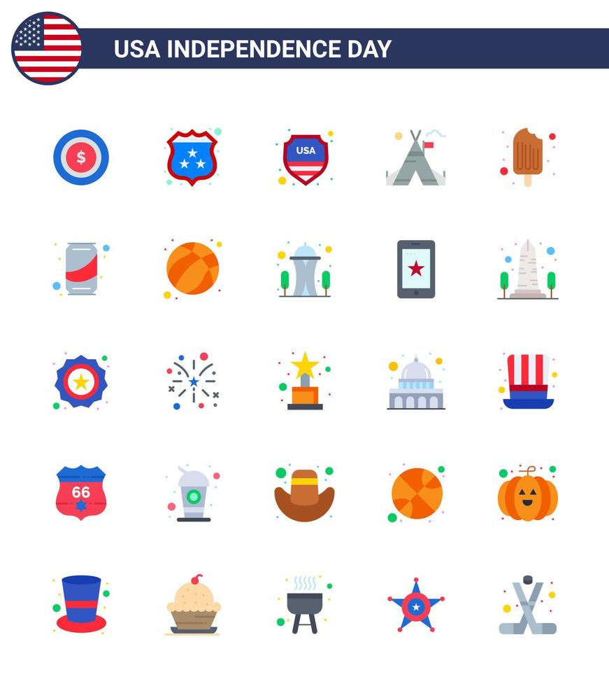 Pack of 25 USA Independence Day Celebration Flats Signs and 4th July Symbols such as food cold shield american tent Editable USA Day Vector Design Elements
