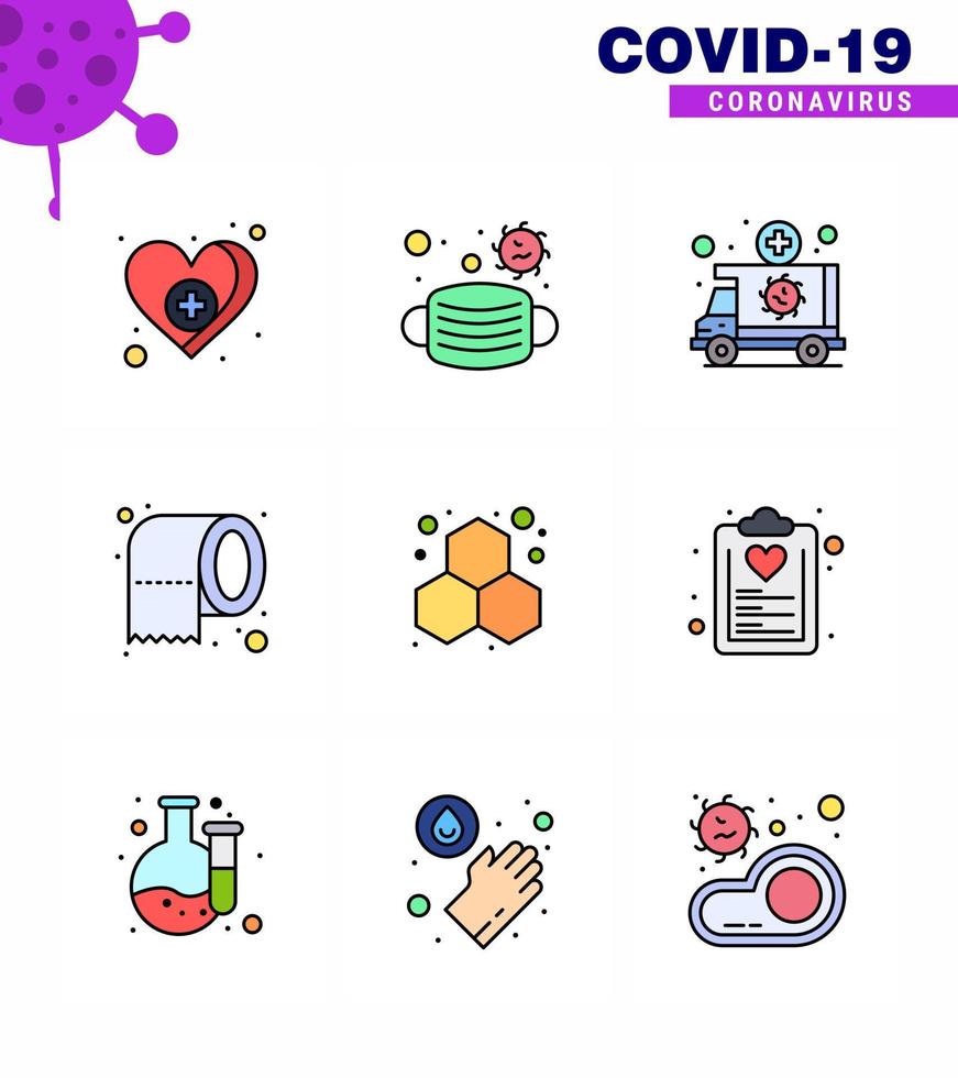 Coronavirus awareness icons 9 Filled Line Flat Color icon Corona Virus Flu Related such as chemistry tissue ambulance paper vehicle viral coronavirus 2019nov disease Vector Design Elements