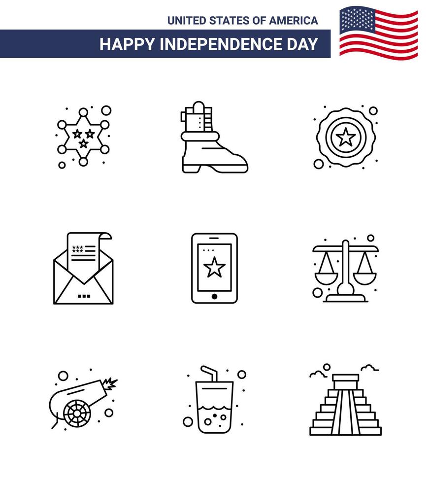 Pack of 9 USA Independence Day Celebration Lines Signs and 4th July Symbols such as cell mobile star mail greeting Editable USA Day Vector Design Elements