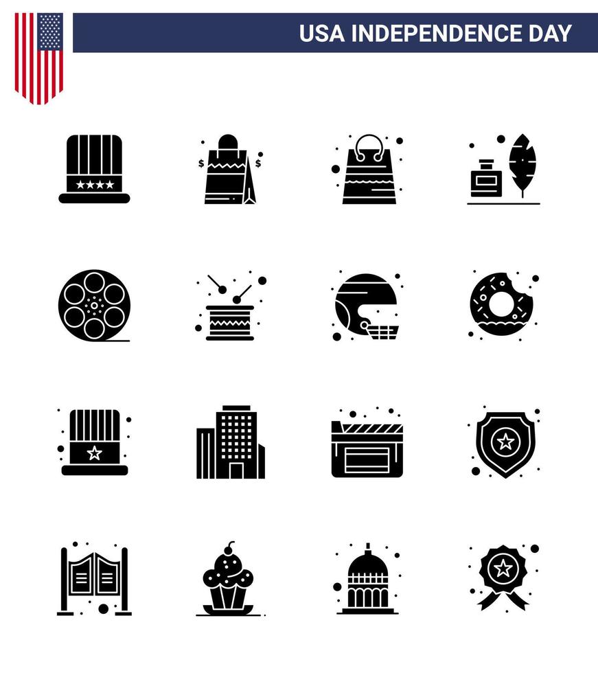 Modern Set of 16 Solid Glyphs and symbols on USA Independence Day such as play american bag ink bottle adobe Editable USA Day Vector Design Elements